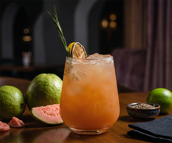 Guava Spritz tropical cocktail with white porto and guava puree